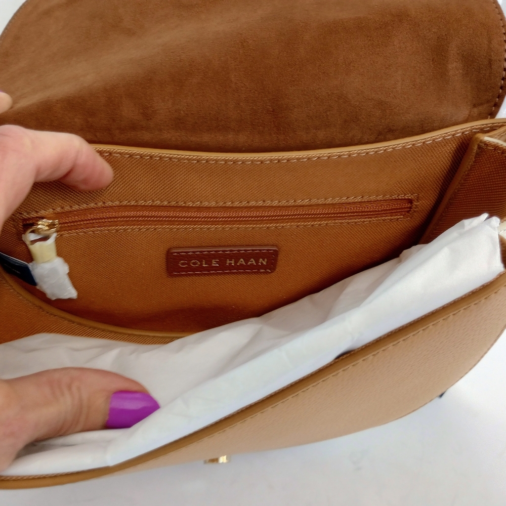 NWT Cole Haan Pebbled Leather Tri-Color Flap Crossbody Evie Saddle Bag - Picture 12 of 16